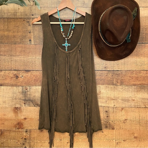 Chocolate Brown Fringe Tank Style Tunic - Picture 2 of 9